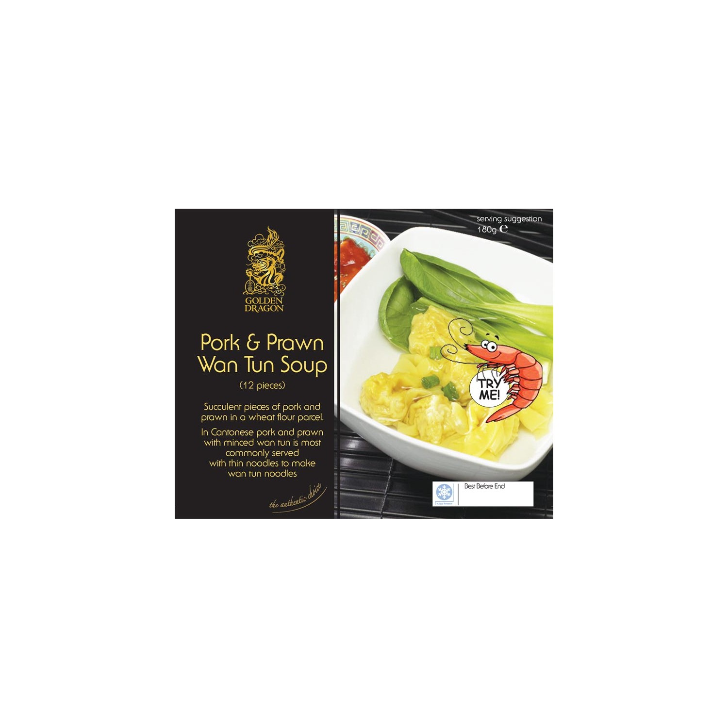 Golden Dragon Pork & Prawn Wan Tun Soup 180g 12pc Frozen Wontons with Soup Seasoning Sachet Golden Dragon Pork & Prawn Wan Tun Soup 180g 12pc Frozen Wontons with Soup Seasoning Sachet
