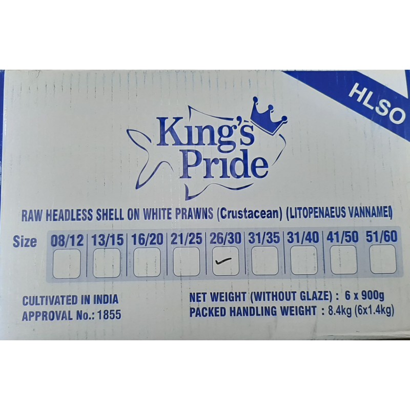 King's Pride 6X900g (HLSO) Raw Headless Shell on White Prawns 26/30 (Litopenaeus Vannamei)