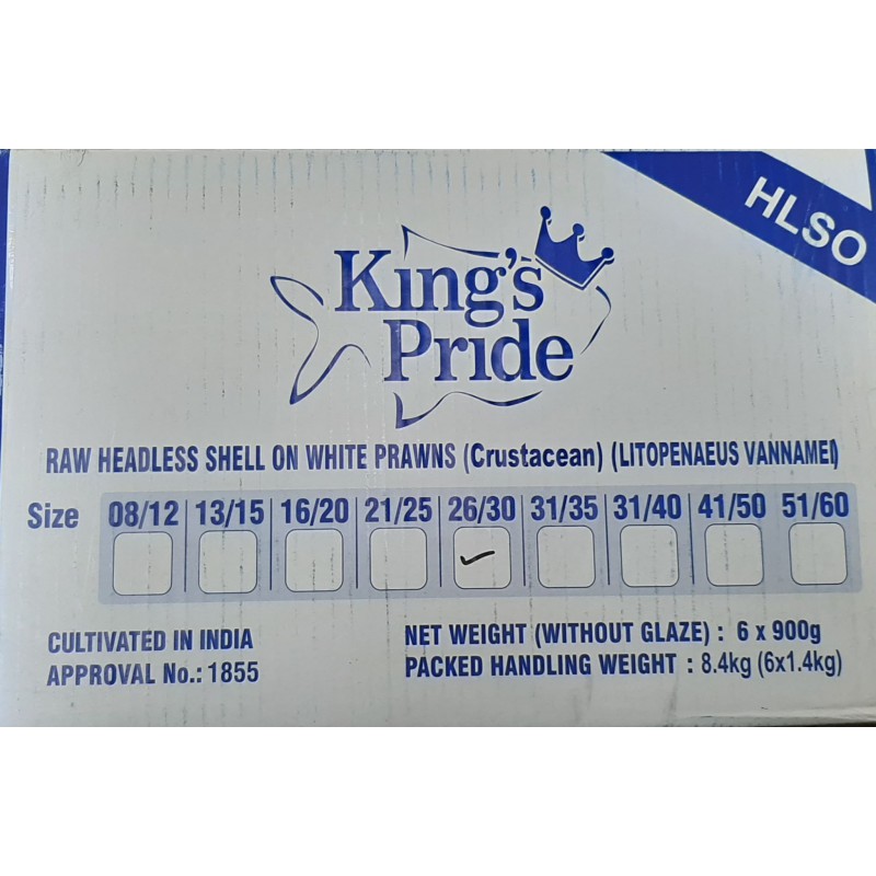 King's Pride 6X900g (HLSO) Raw Headless Shell on White Prawns 26/30 (Litopenaeus Vannamei) King's Pride 6X900g (HLSO) Raw Headless Shell on White Prawns 26/30 (Litopenaeus Vannamei)