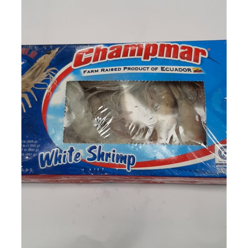 Champmar Frozen Prawns 1000g Net IQF 20/30 Head-on Shell-on Raw Ecuador White Shirmp