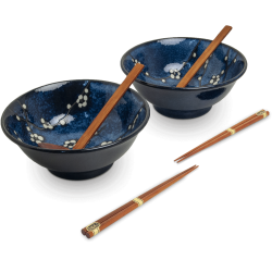 Edo Japanese Blossom Design Hana Blue Ramen Noodle Bowl Set with Chopsticks in Gift Box