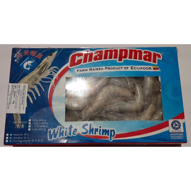 Champmar White Shrimp (Heads On) 60/70 1kg White Shrimps (Heads On)-Product of Ecuador