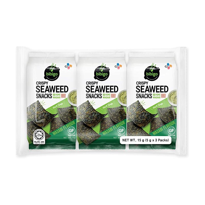 CJ Bibigo Crispy Seaweed Snacks Wasabi Flavour 15g (5g x 3 packs)