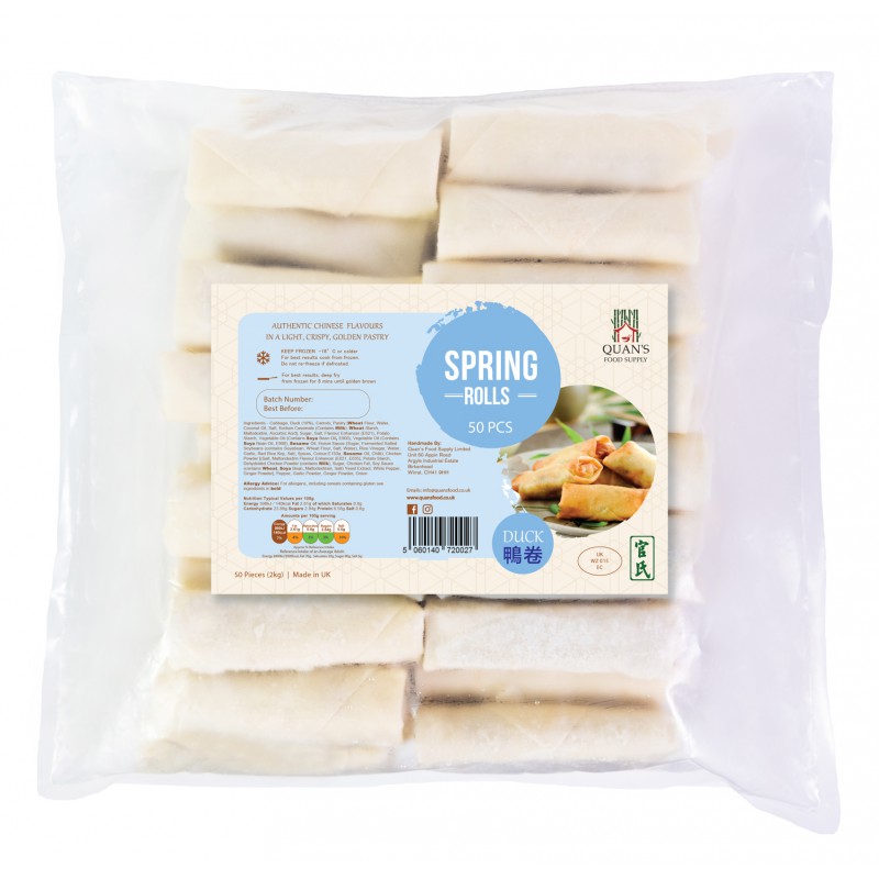 Quan's Duck Spring Rolls 50pc 2kg Duck Hand Made Frozen Spring Rolls Quan's Duck Spring Rolls 50pc 2kg Duck Hand Made Frozen Spring Rolls