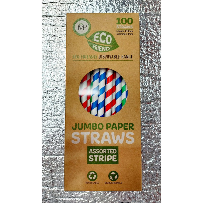 Eco Friend 100 Jumbo Paper Straws (Assorted Stripe)