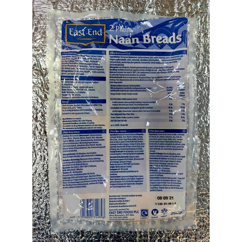 East End 2 Plain Naan Breads 260g