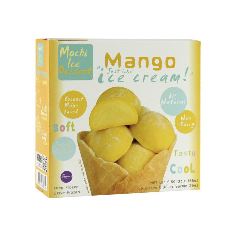 Buono Mochi-Ice Non-Dairy Frozen Mango Flavour 6x26g Mochi Cocunut Milk Ice Cream