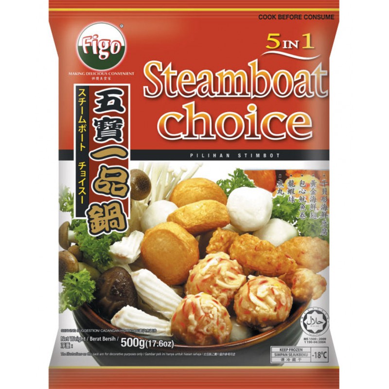 Figo 5 In 1 Steamboat Choice 500g Frozen Fish Balls, Lobster Ball, Squid Roll, Scallop Shape Tofu & Golden Seafood Nugget