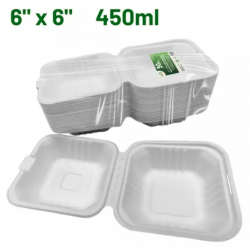 Did Biodegradable Bagasse Hinged Containers 50pc 6" x 6" 450ml White Hinged Containers