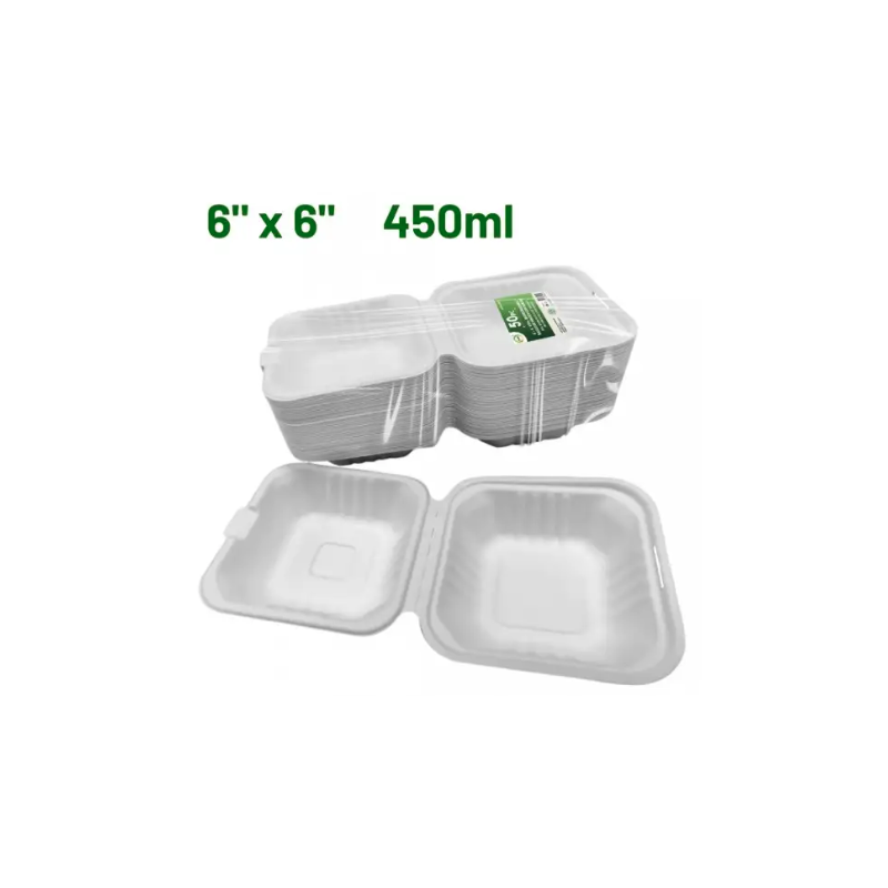 Did Biodegradable Bagasse Hinged Containers 50pc 6" x 6" 450ml White Hinged Containers