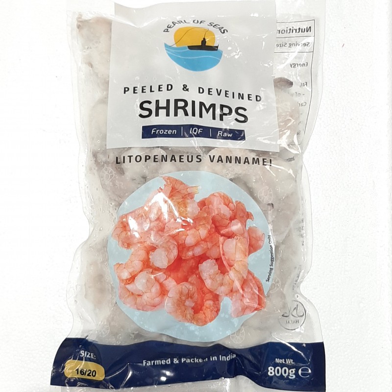 Pearl Of Seas Peeled & Deveined Shrimps 800g IQF 16/20 Frozen Raw Shrimps Pearl Of Seas Peeled & Deveined Shrimps 800g IQF 16/20 Frozen Raw Shrimps