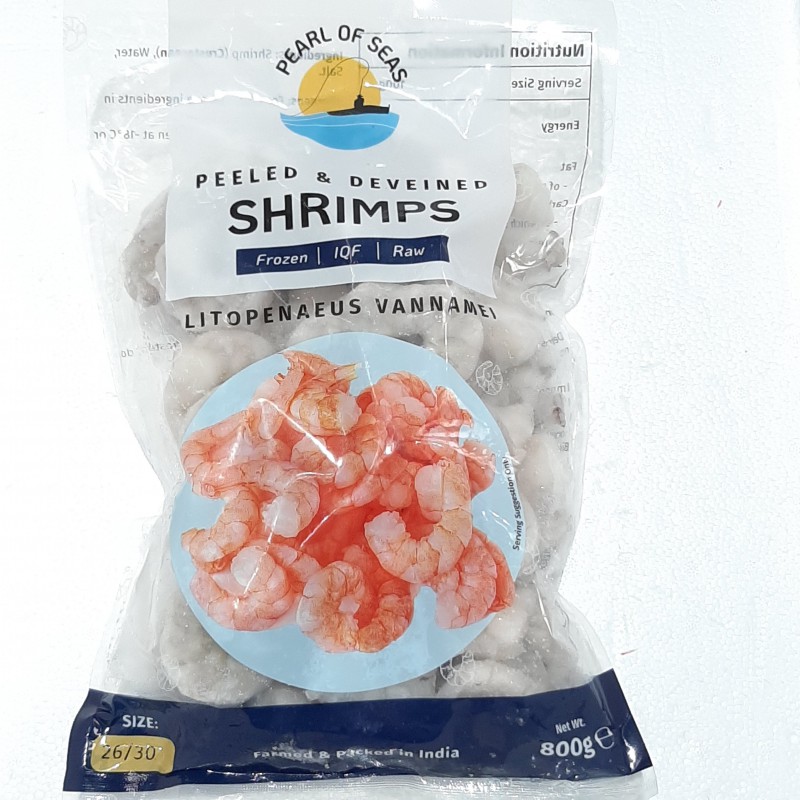 Pearl Of Seas Peeled & Deveined Shrimps 800g IQF 26/30 Frozen Raw Shrimps Pearl Of Seas Peeled & Deveined Shrimps 800g IQF 26/30 Frozen Raw Shrimps