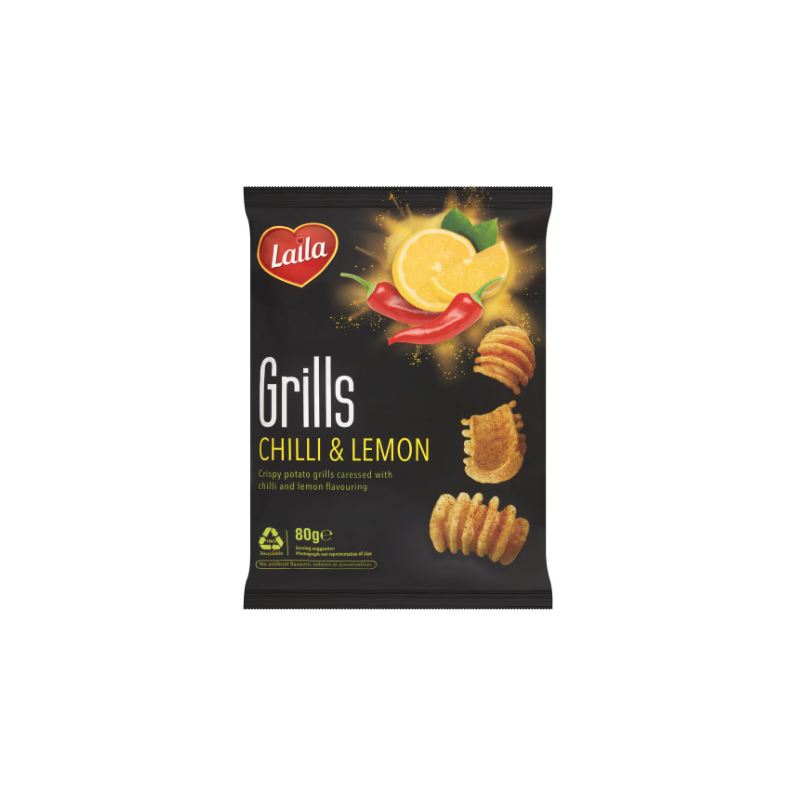 Laila Chilli & Lemon Grills 80g Crispy Potato Grills With Chilli & Lemon Flavour Laila Chilli & Lemon Grills 80g Crispy Potato Grills With Chilli & Lemon Flavour