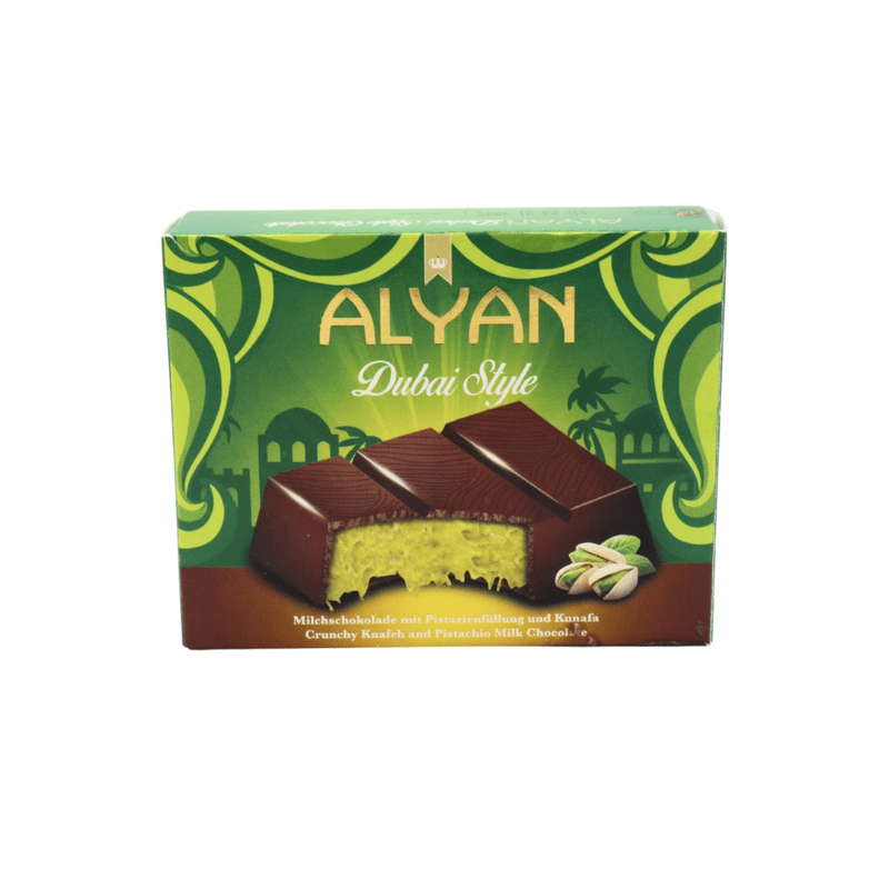 Alyan Dubai Style Chocolate Bar 100g Dubai Style Crunchy Knafeh and Pistachio Milk Chocolate Bar Alyan Dubai Style Chocolate Bar 100g Dubai Style Crunchy Knafeh and Pistachio Milk Chocolate Bar